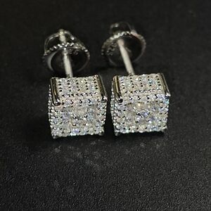 ✨ Moissanite 3D Cube Stud Earrings – S925 Sterling Silver | Screw Backs | ~1.40